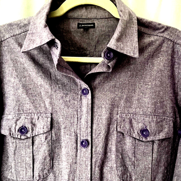 J Peterman Womans Shirt Dress Size 12 Purple 100% Cotton 4 Pockets Long Sleeve - Picture 3 of 14